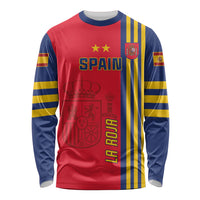 Red Spain football long sleeve shirt with blue accents, crest, and yellow stars