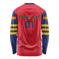 Red Spain football long sleeve shirt back with stripes, 01 number, and crest graphic