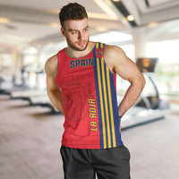 Red men’s Spain football tank top with blue-yellow side stripes and Spain logo