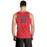 Red men’s Spain football tank top, back view with "YOUR TEXT" and "01" print
