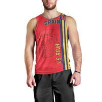 Red men’s Spain football tank top with "SPAIN" lettering and La Roja vertical stripes