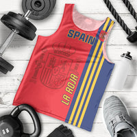Red football tank top with blue-yellow vertical stripes and Spain crest graphic