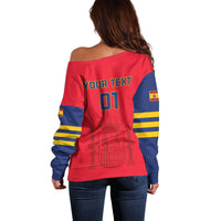 Red off-shoulder sweater back with 'YOUR TEXT' and '01', blue sleeves with yellow stripes