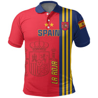 Red and navy football polo shirt with yellow stripes, Spain crest, star detail
