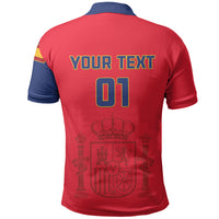 Red football polo shirt back with 'YOUR TEXT' and '01', navy collar and sleeve trim