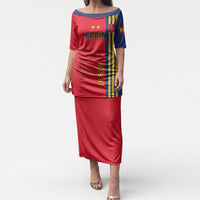 Red Spain football jersey-style long dress with blue shoulders and side stripe