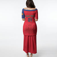 Red long dress back with blue shoulders, crest graphic and 01 text