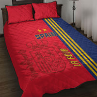 Spain football quilt bed set with red and blue panels, quilted pattern, two pillows