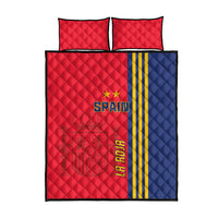 Spain football quilt bed set front view, red and blue quilt with yellow stripe and two pillows