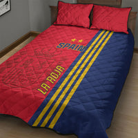 Spain football quilt bed set on bed, red quilted top, blue lower panel with yellow stripes