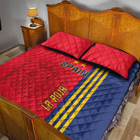 Spain football quilt bed set, red quilt with blue side stripe, two matching pillow shams
