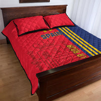 Spain football quilt bed set with red quilt and blue side, quilted pillow shams and stripe detail