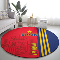 Round Spain football carpet with red-and-blue halves, yellow stripes, stars, and Spain lettering