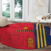 Round Spain football carpet in red and blue with yellow stripes, stars, and Spain lettering