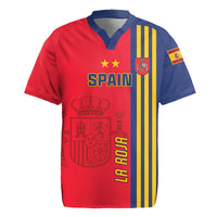 Red and blue Spain football jersey with yellow stripes, crest, and SPAIN lettering