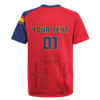 Red and blue football jersey back with YOUR TEXT and 01, crest graphic
