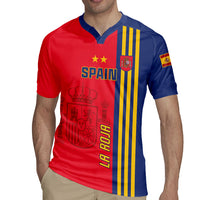 Red and blue football jersey on model, yellow-striped side panel and SPAIN badge