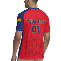 Red and blue football jersey on model, YOUR TEXT and 01 on back, crest graphic