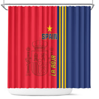 Football shower curtain featuring "SPAIN" lettering, trophy crest, and red and blue striped design