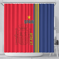 Football shower curtain with Spain graphics in red and blue and yellow vertical stripes
