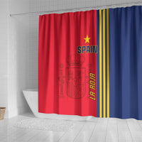 Spain football shower curtain with red and blue sections, yellow stripes, and "LA ROJA" text