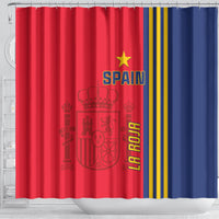 Spain-themed shower curtain with bold "SPAIN" text, crest, and red blue panels with yellow stripes