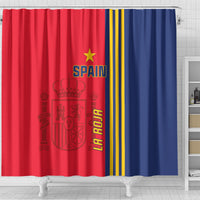 Spain football shower curtain with red center panel, crest, and blue side with yellow stripe accents