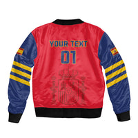 Red satin bomber jacket with blue sleeves, ribbed collar/cuffs, zip; back shows custom text 07
