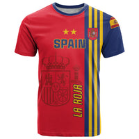 Red Spain football T-shirt with blue collar, yellow stripe panel, front crest graphic