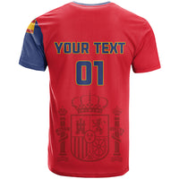 Red football T-shirt back view with blue collar, 'YOUR TEXT 01' and crest print