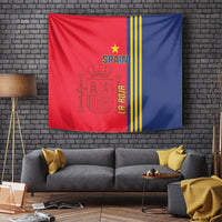 Red and blue football tapestry with yellow stripe accents and Spain emblem and stars