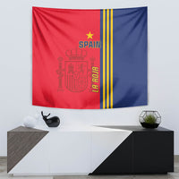Red-blue Spain flag tapestry with yellow stripe border and crest graphic on wall
