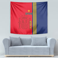 Red and blue football tapestry with Spain text, stars, and yellow triple stripe