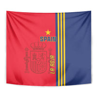 Wall-hanging Spain football tapestry showing red and blue fabric with yellow stripes