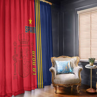 Spain window curtain pair, red left and blue right with vertical 'LA ROJA' stripe text.