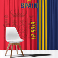 Spain red and blue football curtain, 'SPAIN' text and vertical 'LA ROJA' graphic.