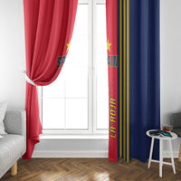 Red and blue Spain-themed window curtains with vertical 'LA ROJA' text on each panel.