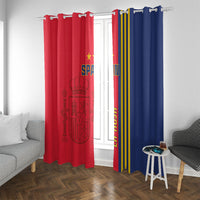 Spain football curtains, red left and blue right, each with 'SPAIN' and 'LA ROJA' print.