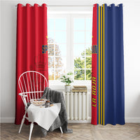 Spain window curtain set with red and blue panels, crest graphic and vertical 'LA ROJA'.