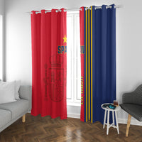 Spain-themed red and blue curtains with 'SPAIN' and vertical 'LA ROJA' stripe graphics.