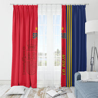 Grommet-style Spain window curtains in red and blue with vertical 'LA ROJA' graphic.