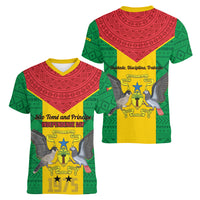 Sao Tome and Principe Independence Day Women V-Neck T-Shirt Coat Of Arms Mix African Pattern - Wonder Print Shop