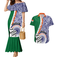 Matching mermaid dress and Hawaiian shirt set: navy paisley, green accents, graphic prints.