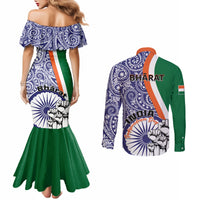 Mermaid dress and long-sleeve button shirt set, back view, blue paisley with green panels