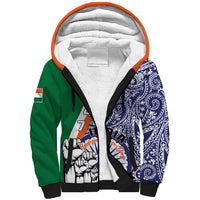 Unisex sherpa hoodie with orange-lined hood, green and navy paisley, front graphic