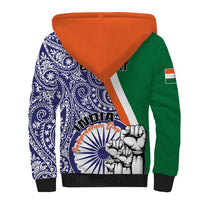 Unisex sherpa hoodie back, orange hood lining, navy paisley with India Independence print