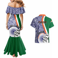 Rear-view mermaid dress and Hawaiian shirt set: blue paisley off-shoulder dress, green flare skirt