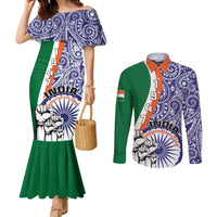 Off-shoulder mermaid dress (blue paisley, green skirt) with graphic; matching long-sleeve shirt