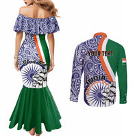 Off-shoulder mermaid dress back with blue paisley and green trim; long-sleeve shirt back with Your Text