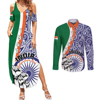 Couples matching maxi dress and button-up shirt, blue paisley print with India emblem